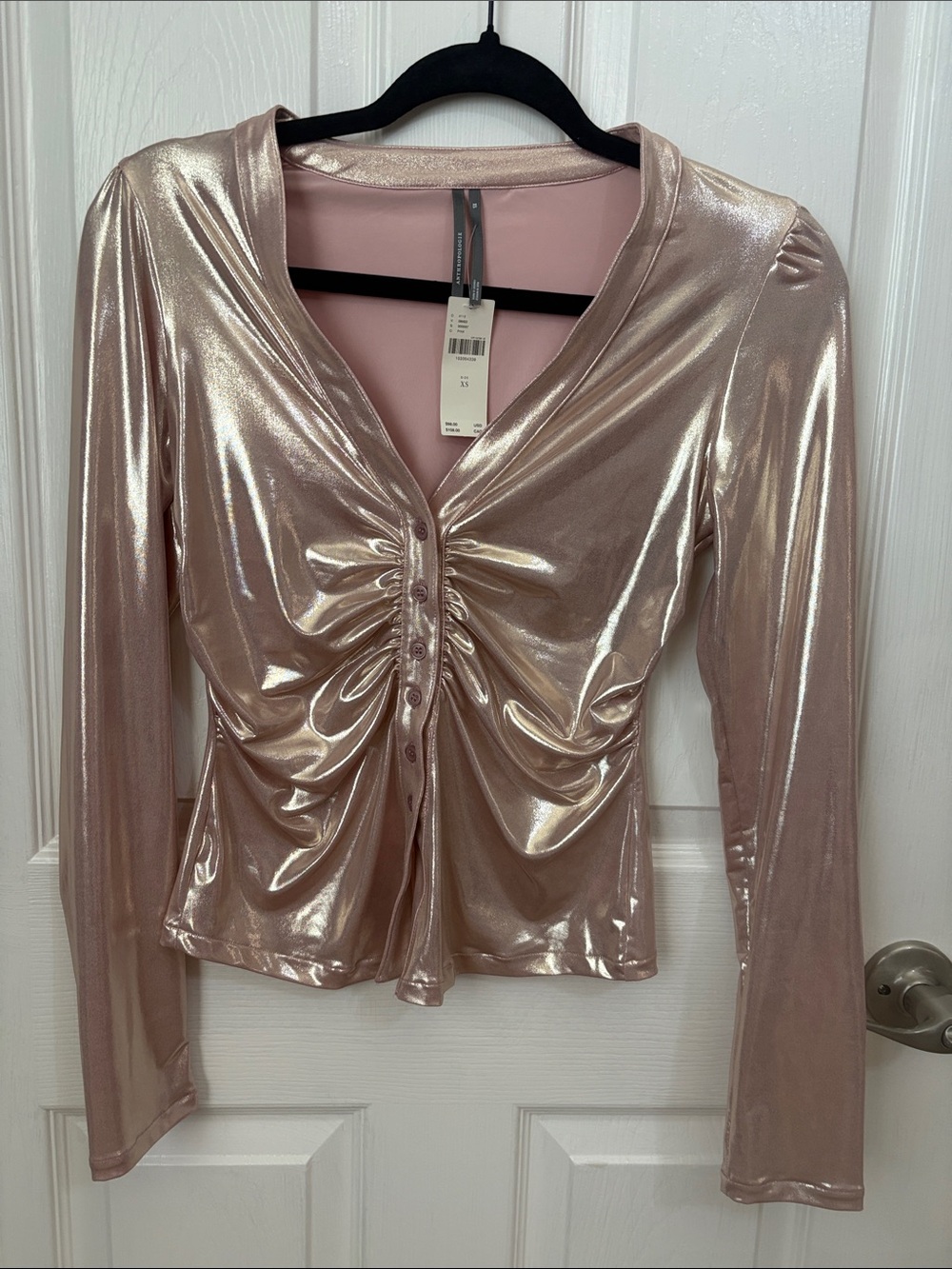 Anthropologie Shimmery Rose Ruched Front Long-Sleeve Top